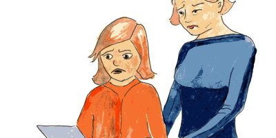 Lucy and her mum stare at the computer and read the unkind words