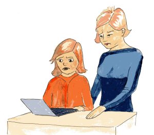 Lucy and her mum stare at the computer and read the unkind words